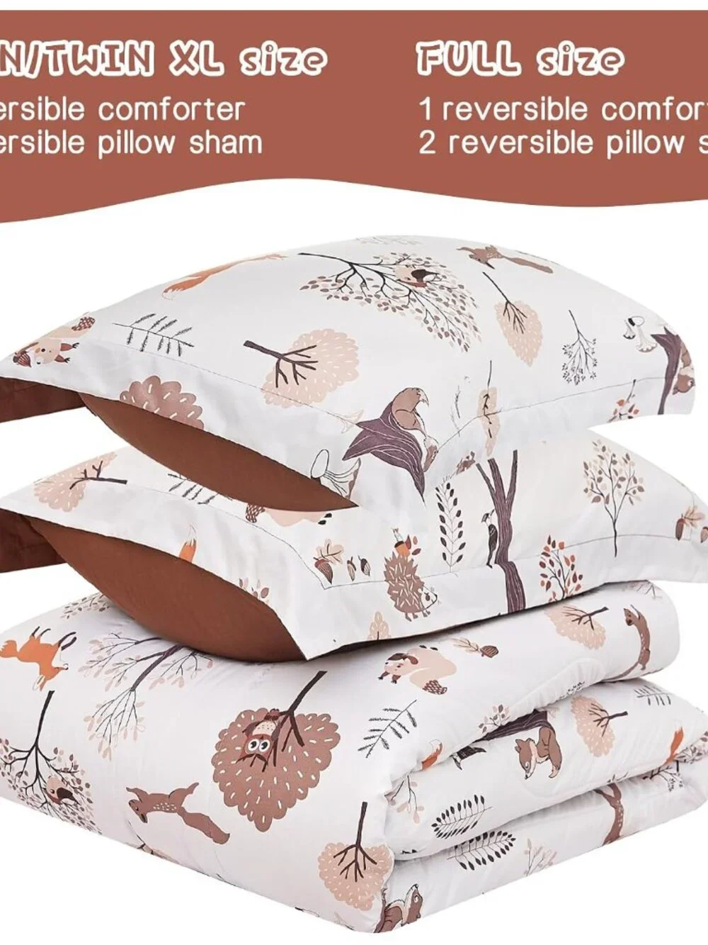 Kids Woodland Comforter Set for Boys Girls Twin Size, Cute Quilted Forest Animal